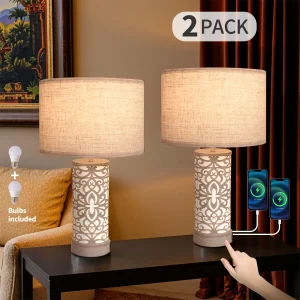 Retro Farmhouse Table Lamp with Multi-Function and Dimmable, Two Packs + 2 USB Ports with Night Light for Living Room, Bedroom and Bedside