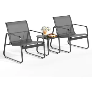 Patio Chairs Set of 2, Patio Furniture Set with Metal Frame Glass Table,